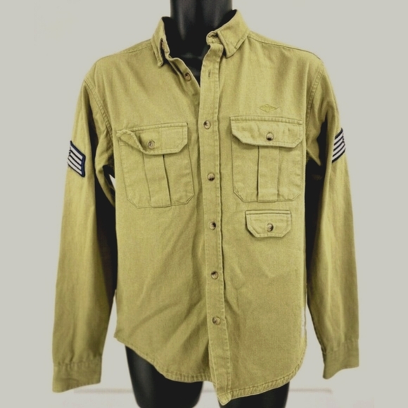 10 Deep Mens Military Style Button Down Khaki Cargo Shirt M - Picture 1 of 7
